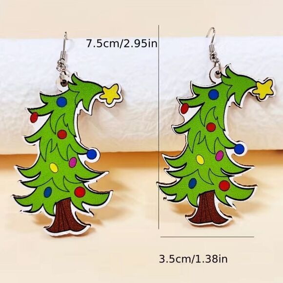 Bending Christmas tree wooden earrings - Picture 2 of 2